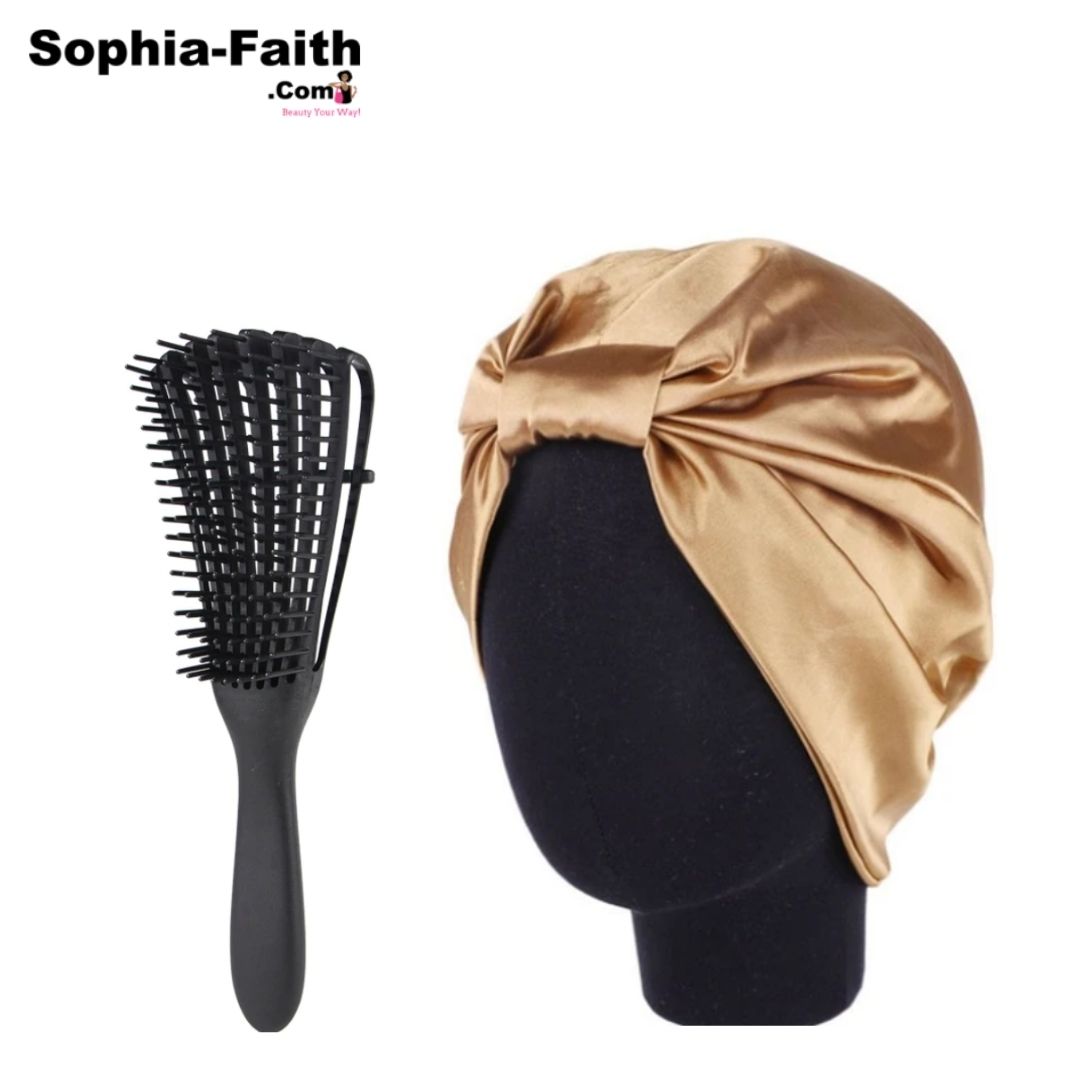 Gold Silk Salon Bonnet with Afro Detangler Gift Set